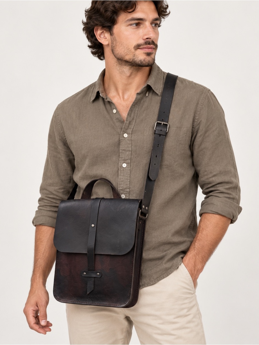 Handmade Leather Crossbody Satchel Bag Dark Brown Rustic Adjustable Strap
